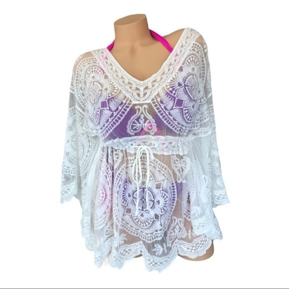 Boho lace kimono white swim cover up - Picture 2 of 4